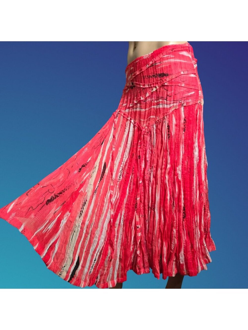 Vintage Chiffon Maxi Skirt Size L Neon Coral Pink Colorful Abstract Crinkled